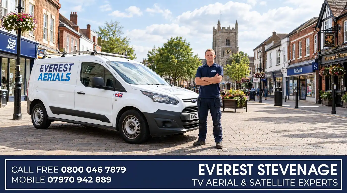 Everest Aerials van and engineer in Stevenage - TV aerial and satellite experts