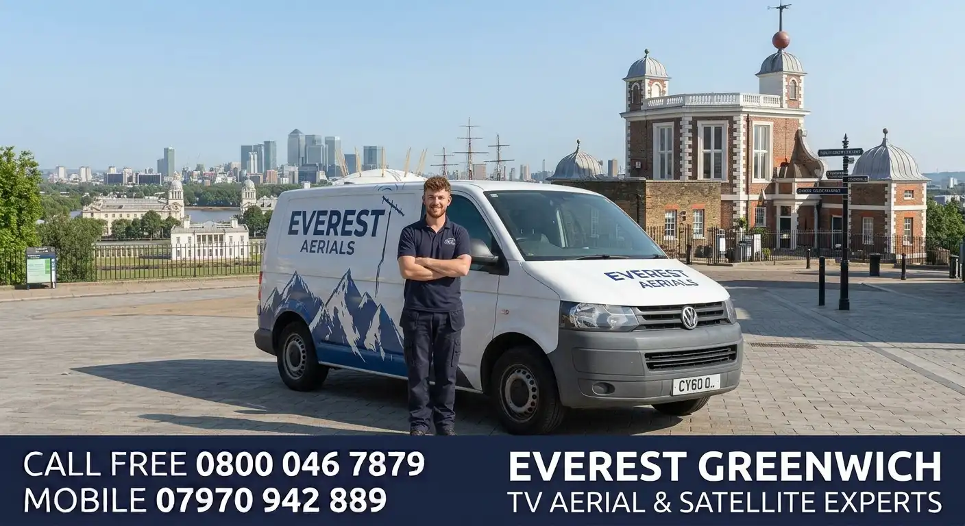 Everest Aerials van and engineer in Greenwich - TV aerial and satellite experts